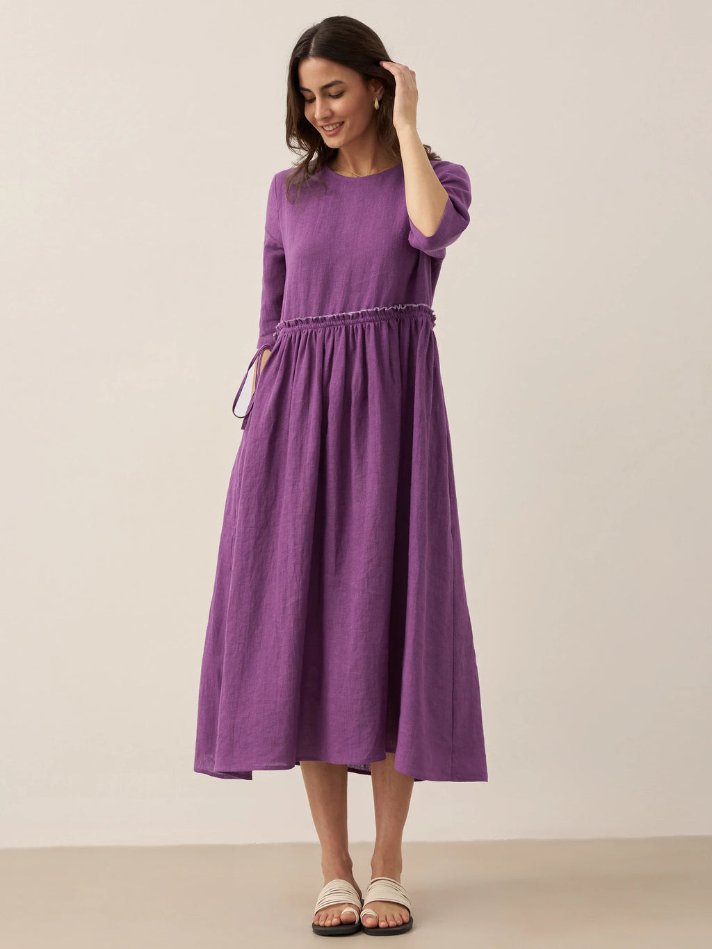 100% Linen Petal-Waist Drawstring Maxi Dress JASMINE