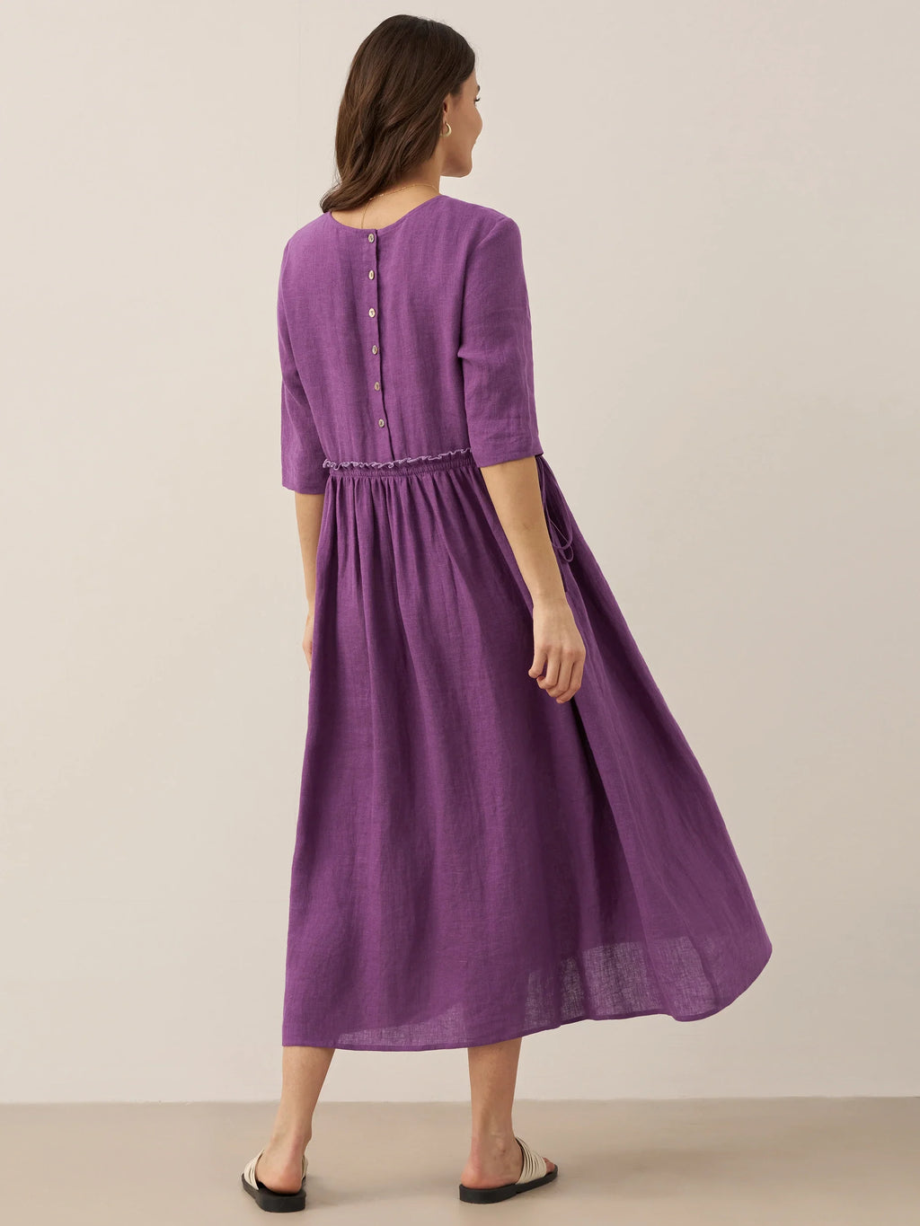 100% Linen Petal-Waist Drawstring Maxi Dress JASMINE