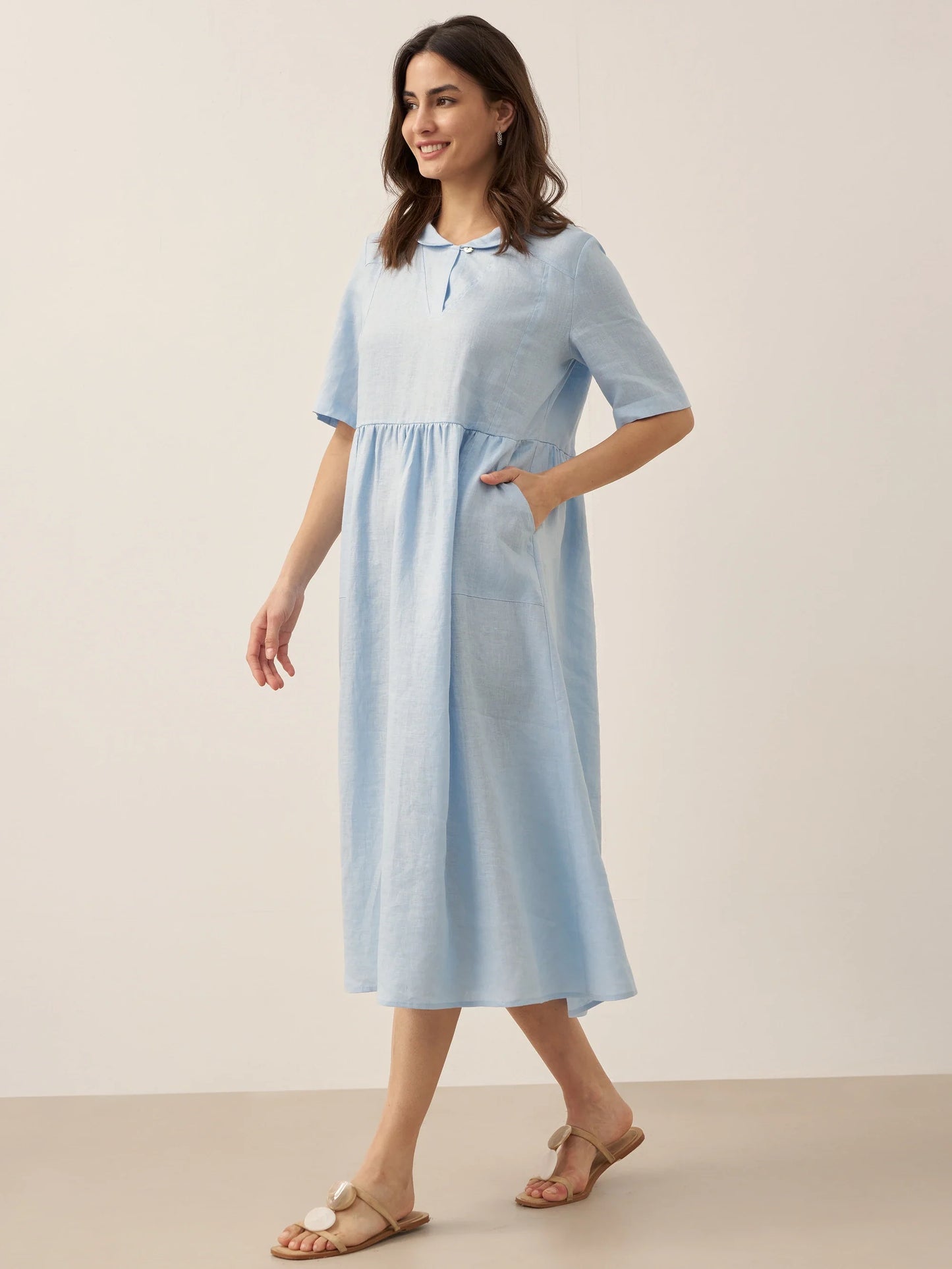 100% Linen Shawl V-Neck Pleated Midi Dress SUSAN