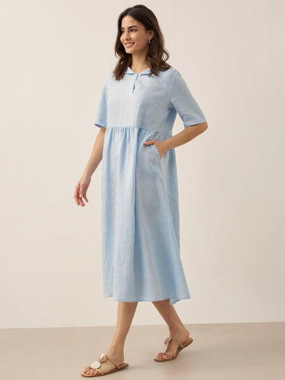 100% Linen Shawl V-Neck Pleated Midi Dress SUSAN