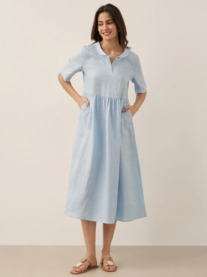 100% Linen Shawl V-Neck Pleated Midi Dress SUSAN