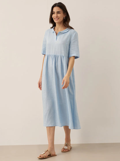 100% Linen Shawl V-Neck Pleated Midi Dress SUSAN