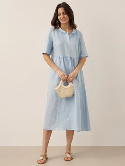 100% Linen Shawl V-Neck Pleated Midi Dress SUSAN