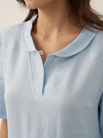 100% Linen Shawl V-Neck Pleated Midi Dress SUSAN