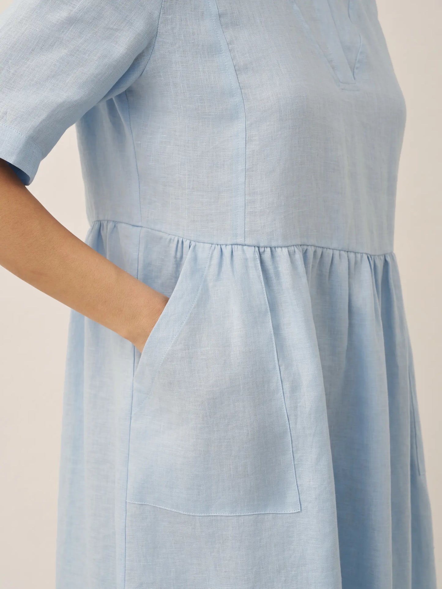 100% Linen Shawl V-Neck Pleated Midi Dress SUSAN