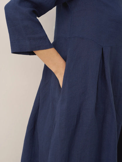 100% Linen Bateau Neck Pleated Midi Dress