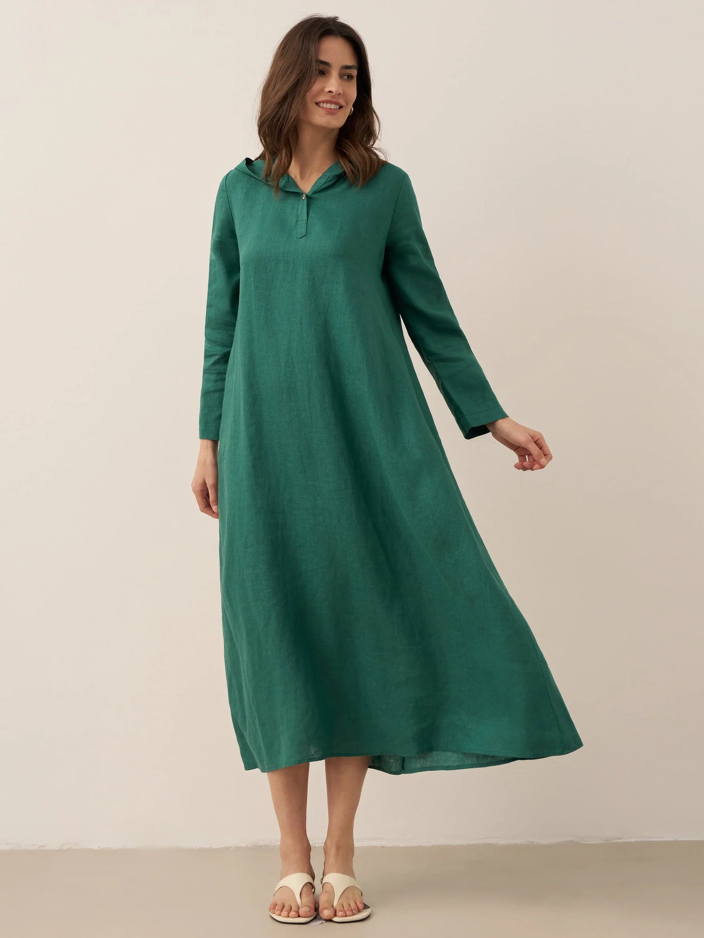 100% Linen Hooded Pullover Midi Dress REBECCA