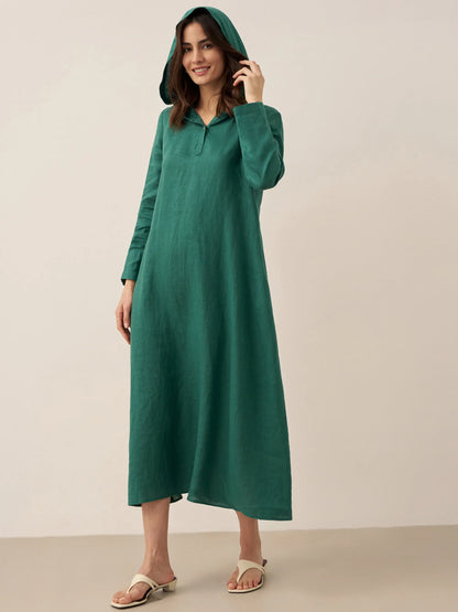 100% Linen Hooded Pullover Midi Dress REBECCA