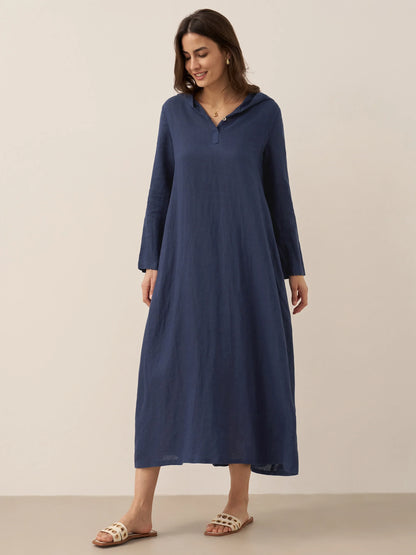 100% Linen Hooded Pullover Midi Dress REBECCA