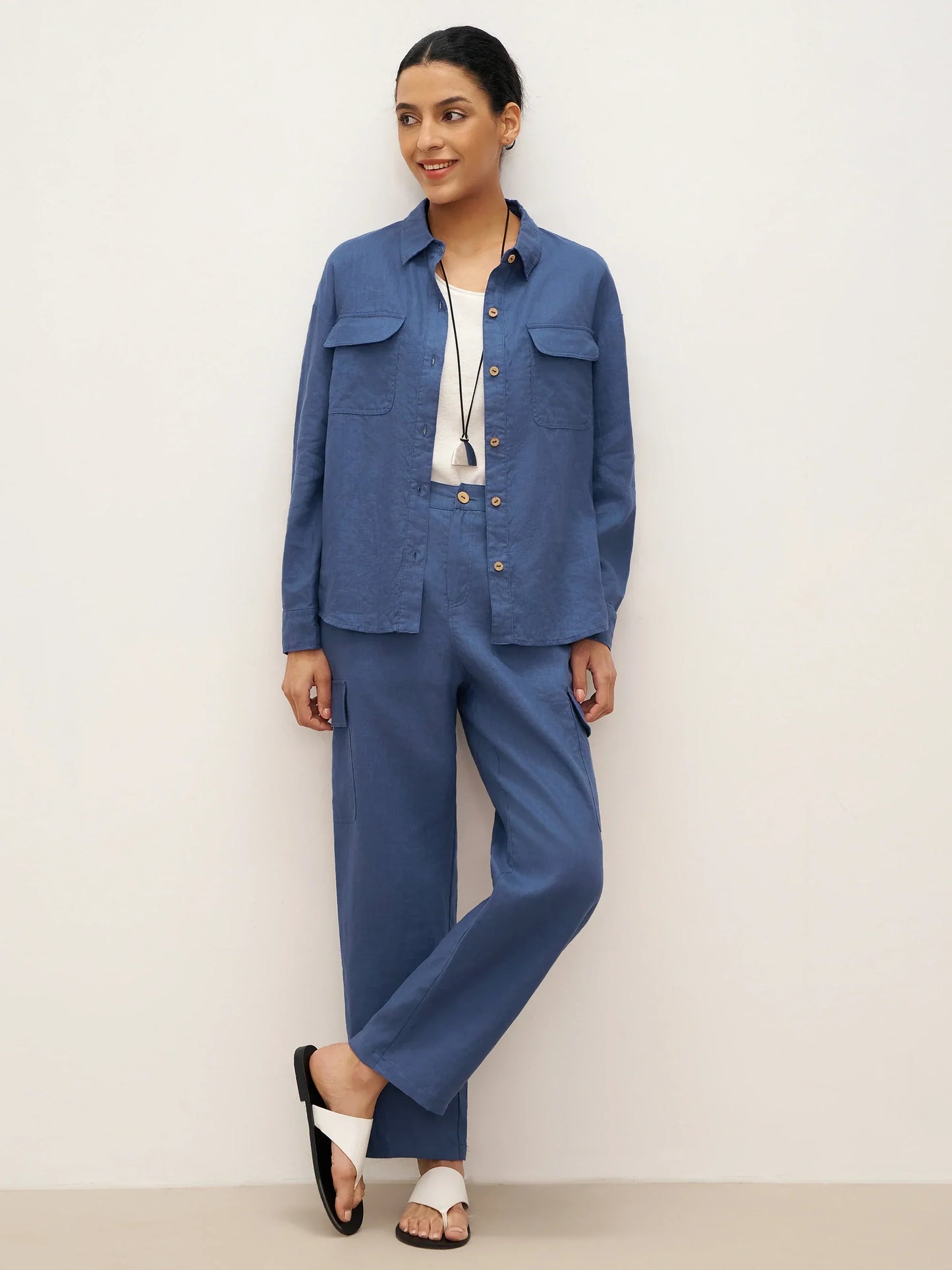 100% Linen Flap-Patch Buttoned Closure Shirt Jacket JANE