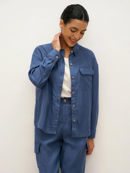 100% Linen Flap-Patch Buttoned Closure Shirt Jacket JANE