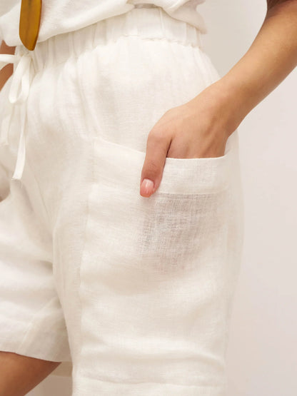 100% Linen Elastic Waist Drawstring Shorts with Pockets DELILAH