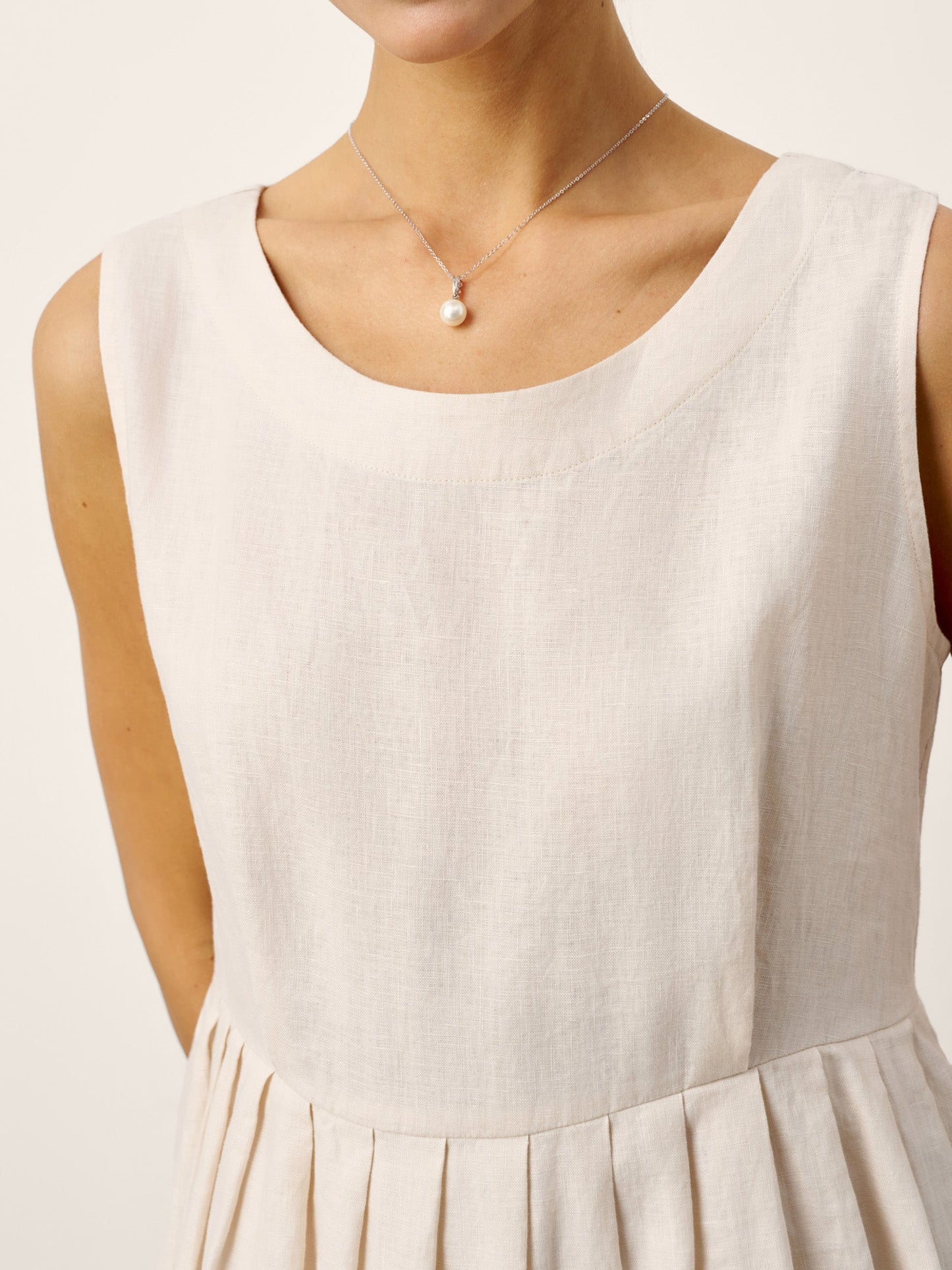 100% Linen Sleeveless Crew Neck Waist Pleated Midi Dress SELENE