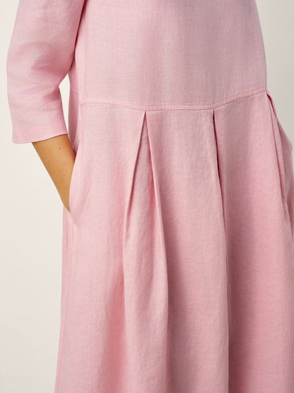 100% Linen Crescent Neck Decorative Button Waist Pleated Midi Dress GWENYTH