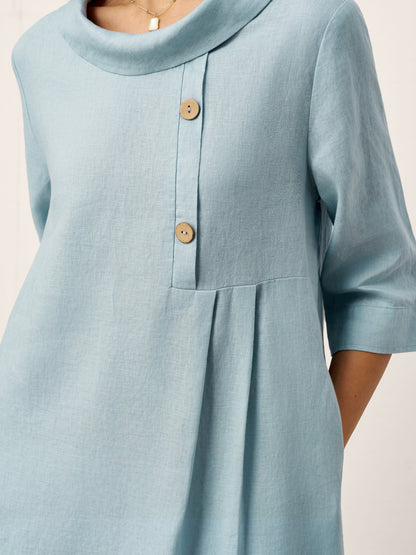 100% Linen Rolled Collar Asymmetric Button Midi Dress ELARAINE