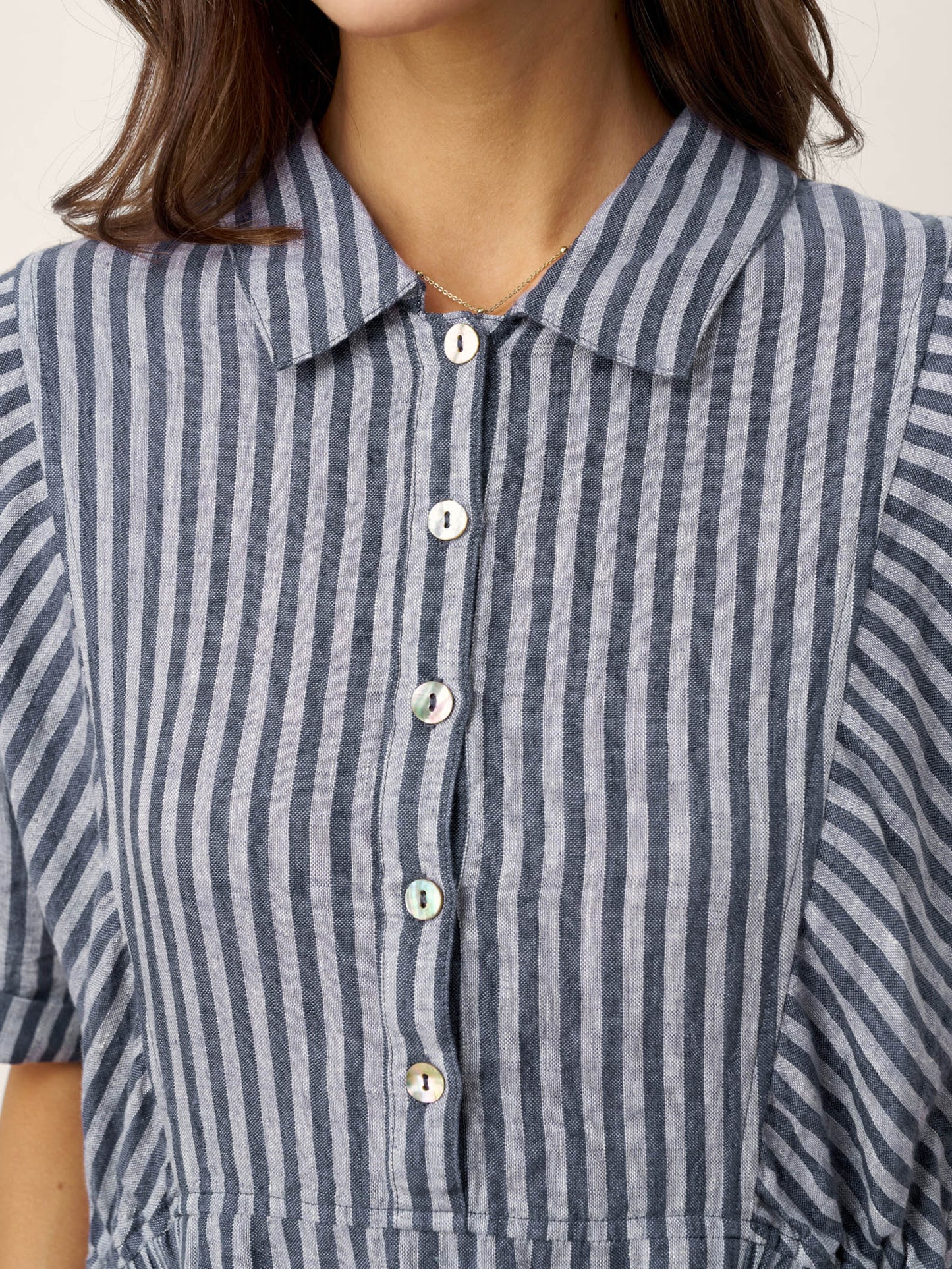 100% Linen Striped Buttoned Front Short Sleeve Midi Shirt Dress CASSANDRA