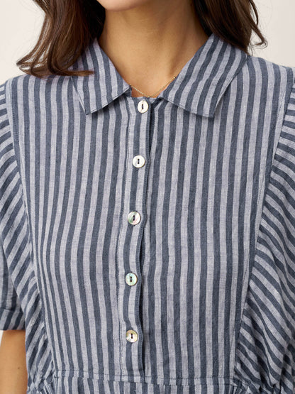 100% Linen Striped Buttoned Front Short Sleeve Midi Shirt Dress CASSANDRA