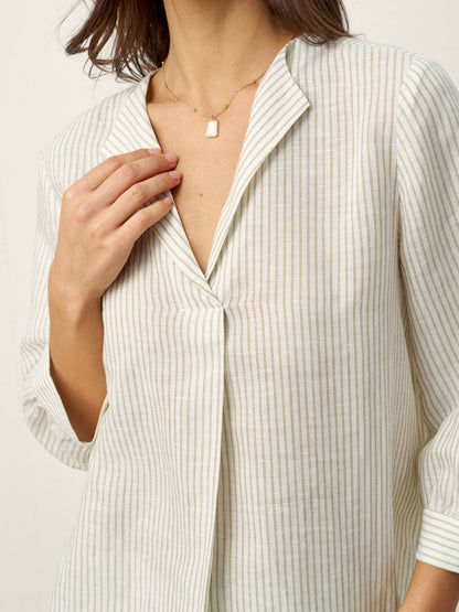 Linen-Lyocell Striped Lapel Inverted Pleat Pullover Top MARGOT