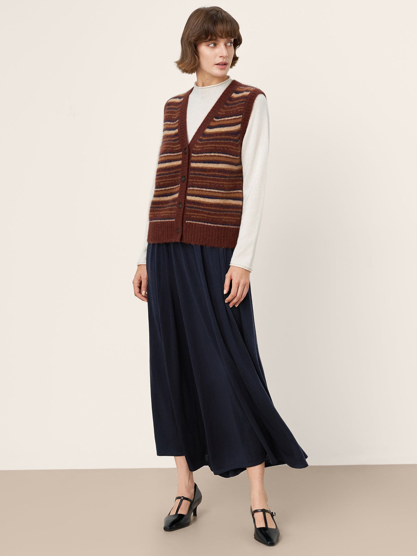 Mongolian Cashmere and Mulberry Silk Colorblock Stripe Button-Front Vest SOPHIE