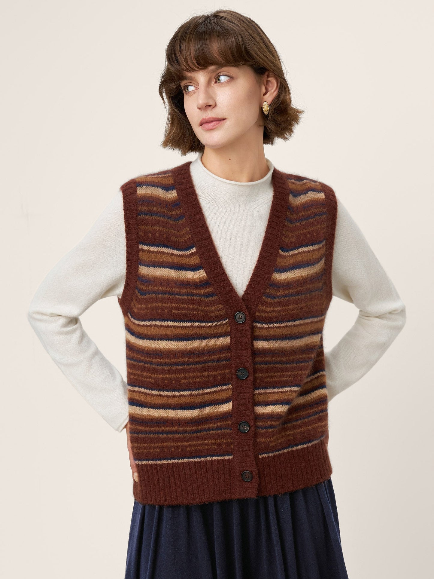 Mongolian Cashmere and Mulberry Silk Colorblock Stripe Button-Front Vest SOPHIE