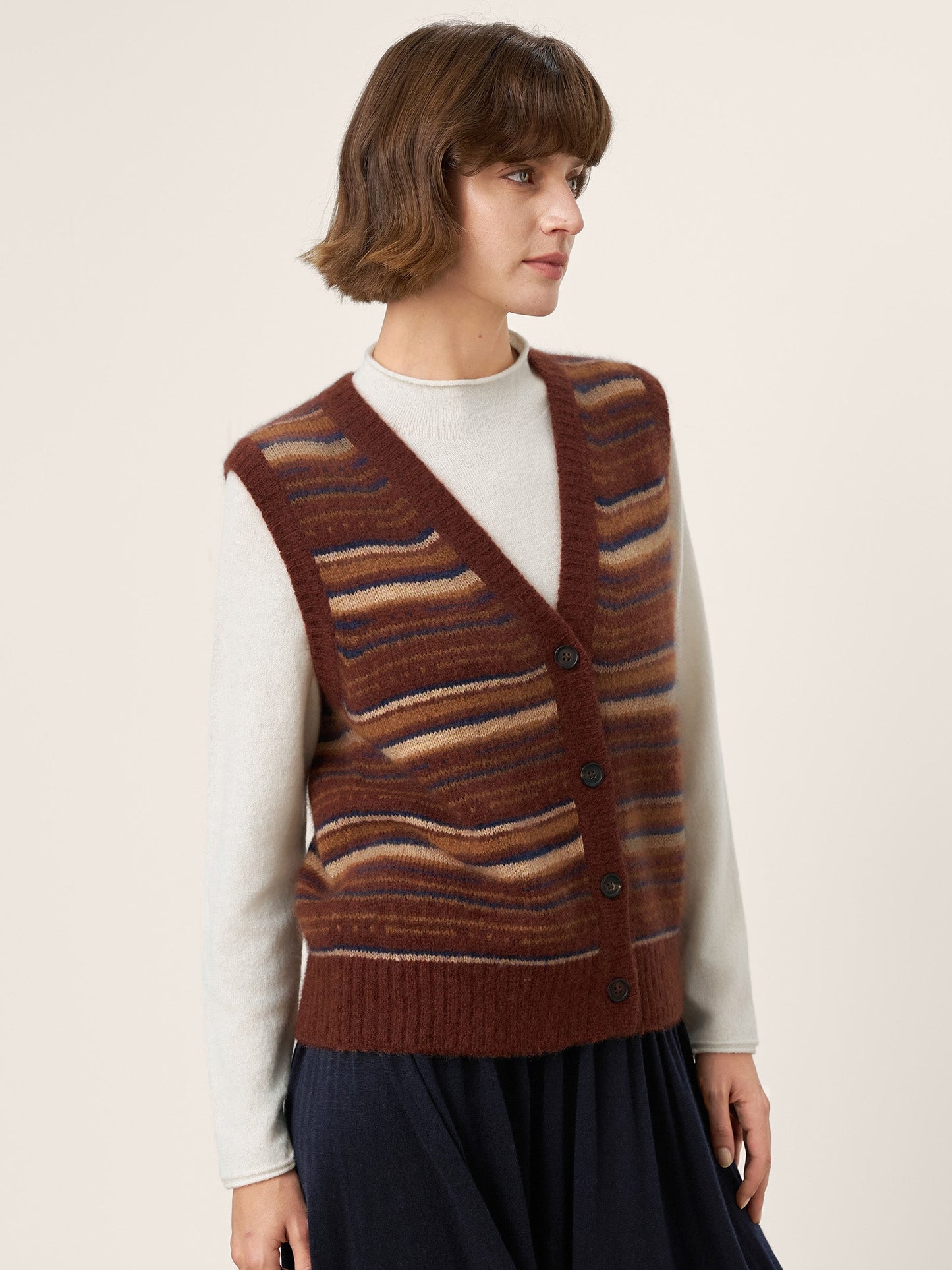 Mongolian Cashmere and Mulberry Silk Colorblock Stripe Button-Front Vest SOPHIE