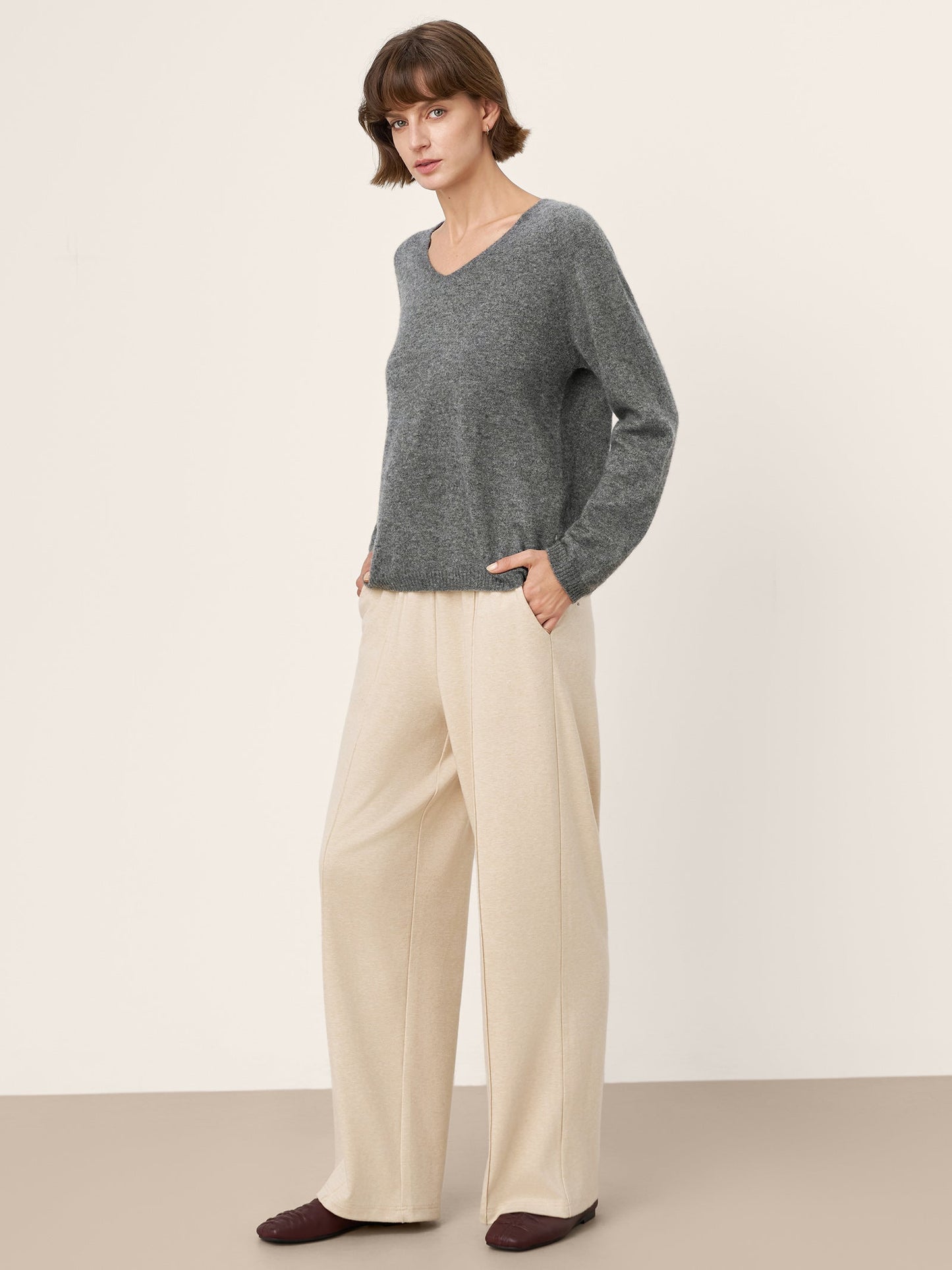 Mongolian Cashmere & Mulberry Silk Seamless Ribbed Trim V-Neck Sweater TESSA