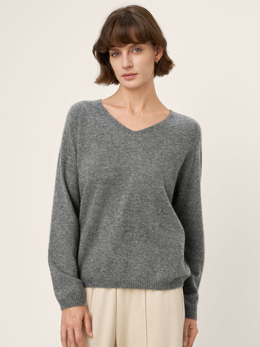 Mongolian Cashmere & Mulberry Silk Seamless Ribbed Trim V-Neck Sweater TESSA
