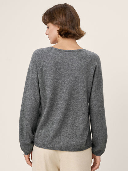 Mongolian Cashmere & Mulberry Silk Seamless Ribbed Trim V-Neck Sweater TESSA