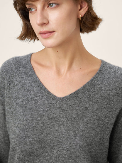 Mongolian Cashmere & Mulberry Silk Seamless Ribbed Trim V-Neck Sweater TESSA