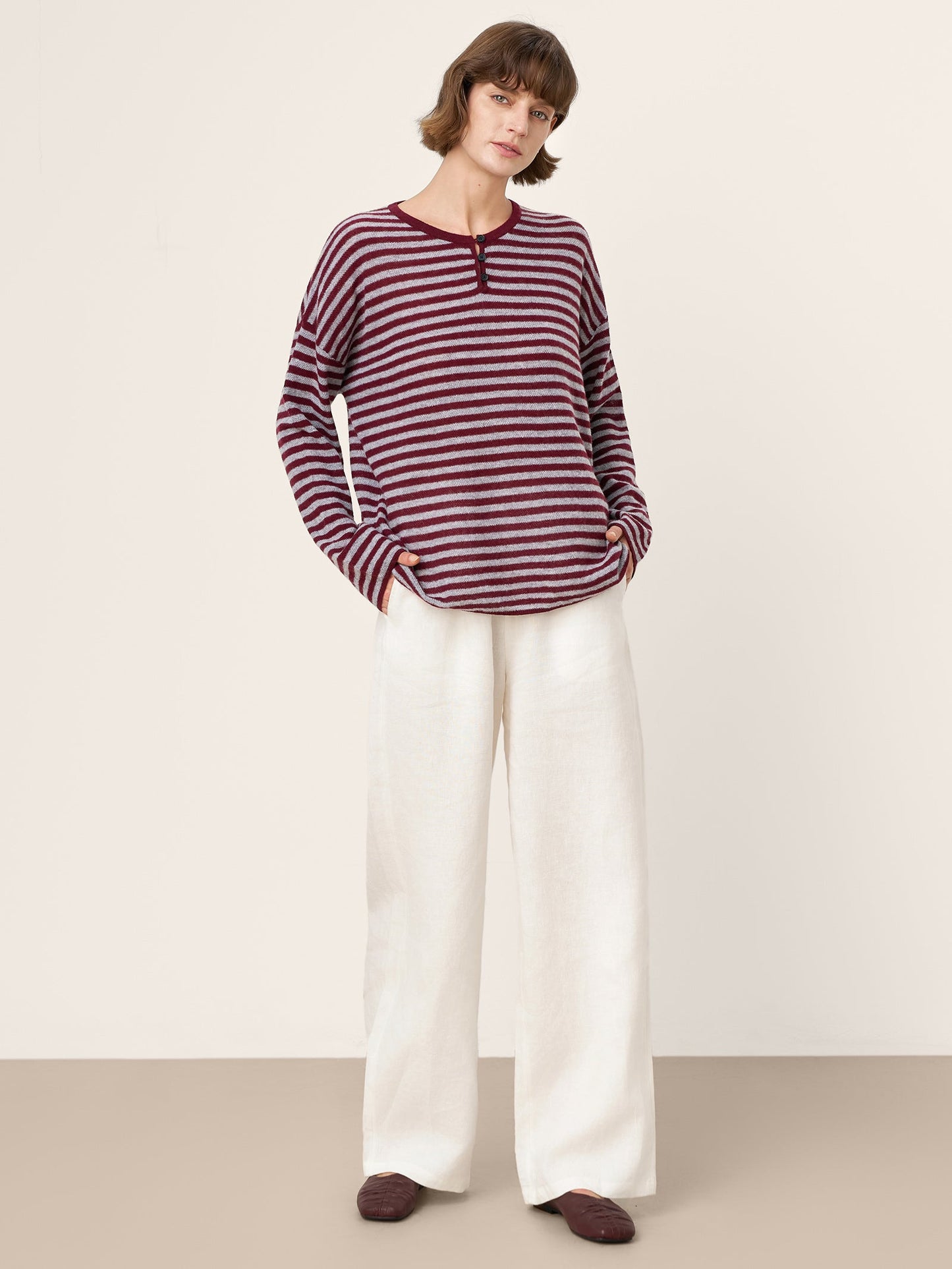 100% Mongolian Cashmere Drop Shoulder Stripe Knit Top RAINA
