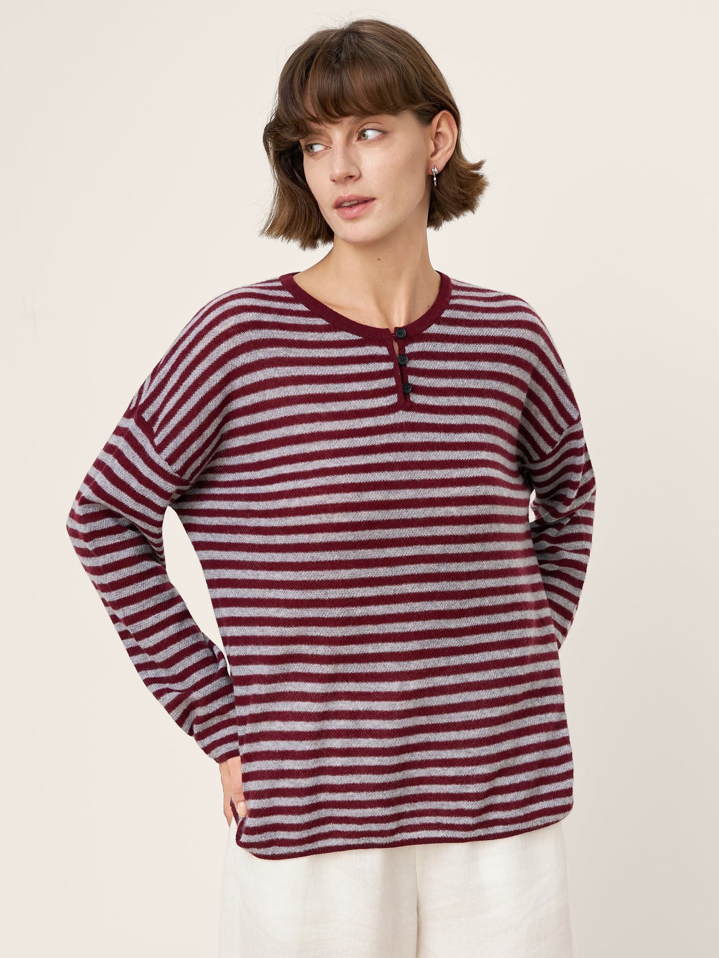 100% Mongolian Cashmere Drop Shoulder Stripe Knit Top RAINA