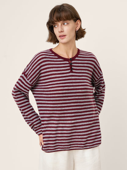 100% Mongolian Cashmere Drop Shoulder Stripe Knit Top RAINA
