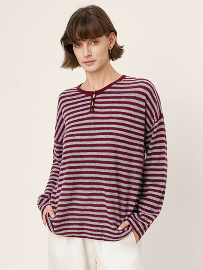 100% Mongolian Cashmere Drop Shoulder Stripe Knit Top RAINA
