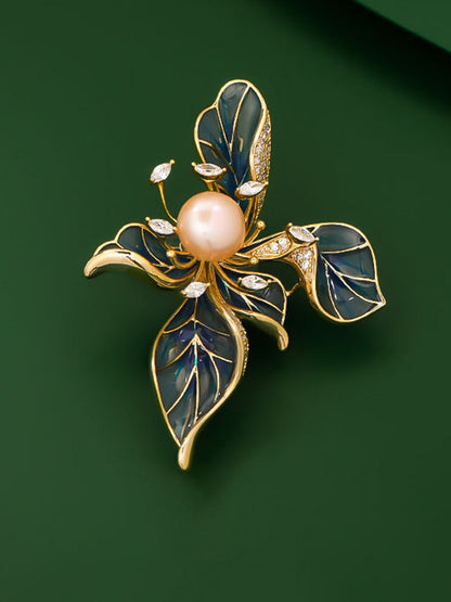 Freshwater Pearl, Zircon & Alloy French Iris Brooch