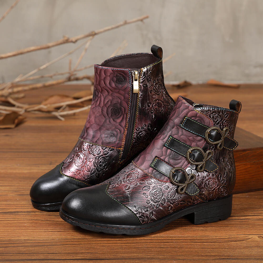 Retro Handmade Leather Painted Floral Flats Boots