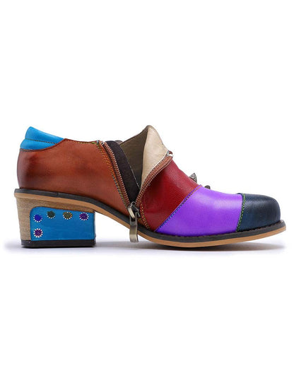Retro Flowers Splicing Genuine Leather Flat Shoes