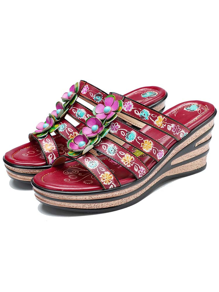 Triple Flowers Purle Wedge Slippers