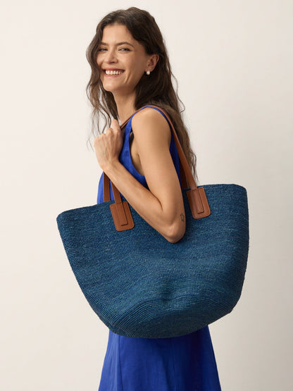 Handwoven Raffia Tote Bag With Leather Handles
