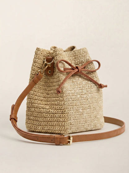 Mini Handwoven Raffia Drawstring Crossbody Bag