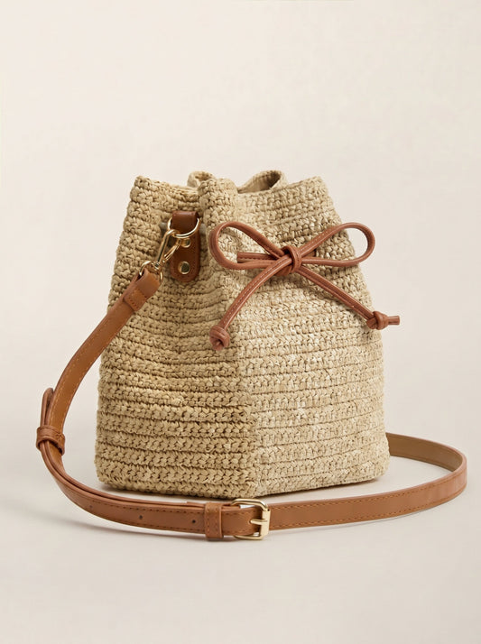 Mini Handwoven Raffia Drawstring Crossbody Bag