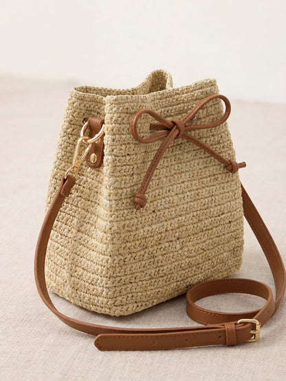 Mini Handwoven Raffia Drawstring Crossbody Bag