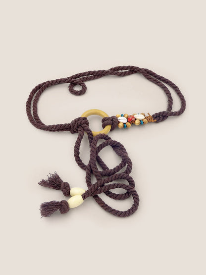 Linen Woven Belt With Wooden Beads