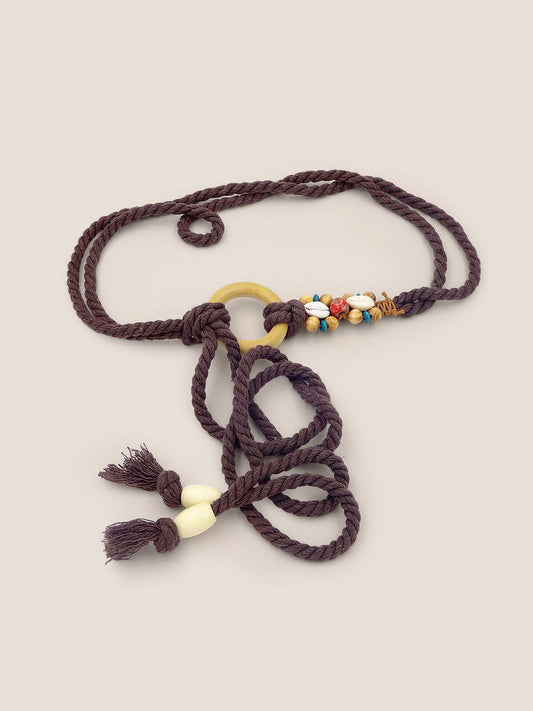 Linen Woven Belt With Wooden Beads