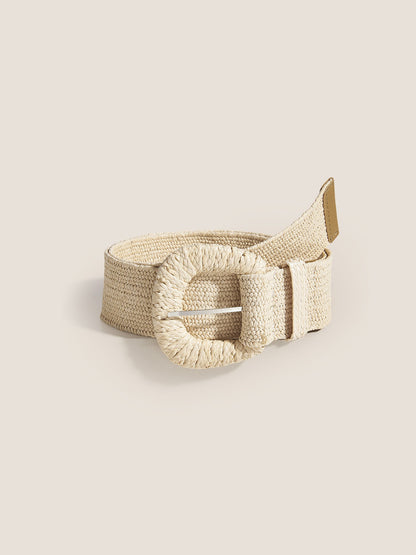 Natural Woven Straw Belt With Square Buckle