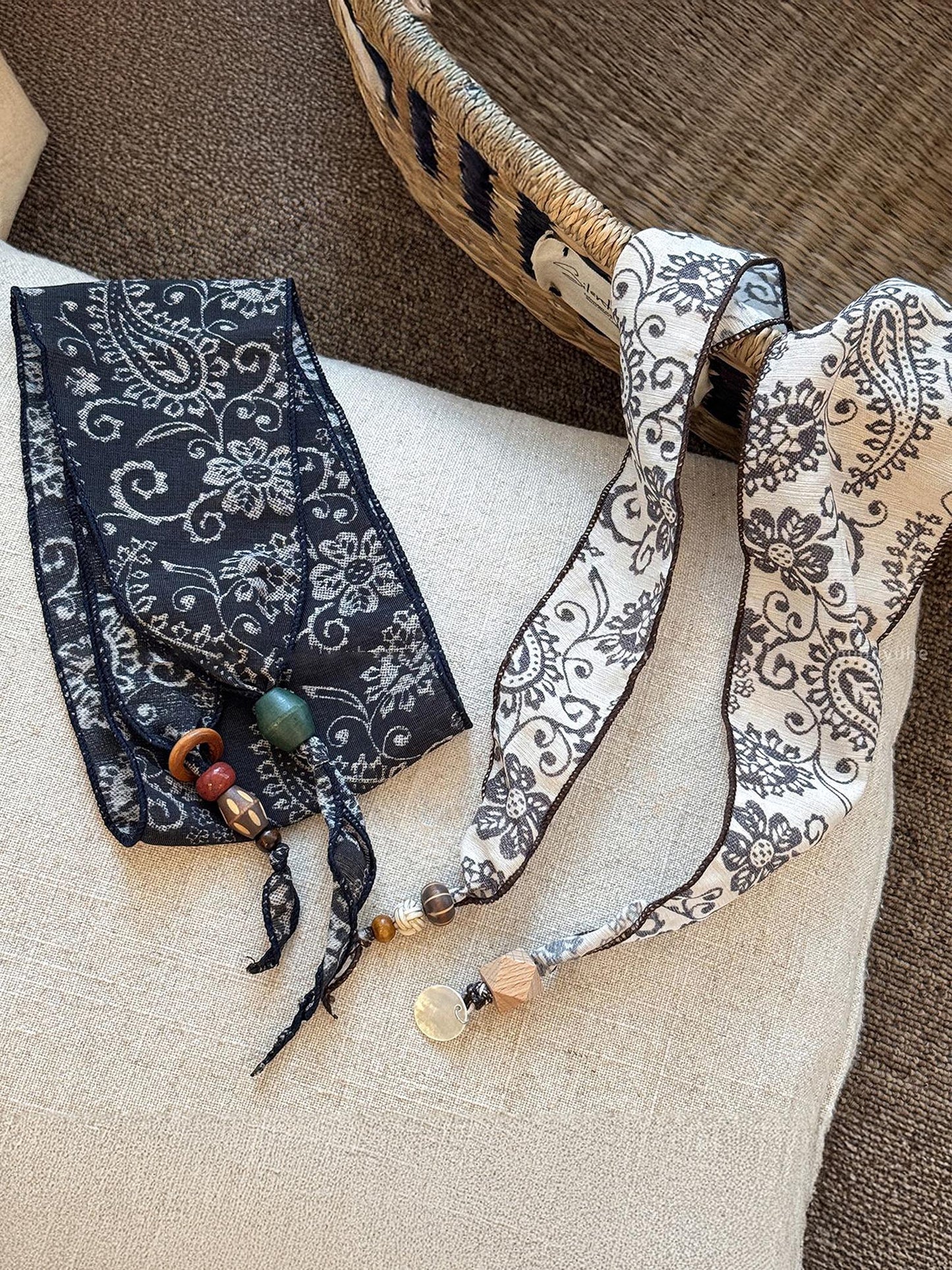 Multi-Functional Floral Satin Scarf With Jade Bead Accents