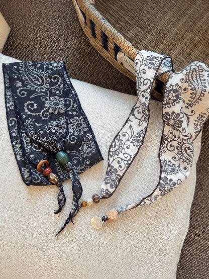 Multi-Functional Floral Satin Scarf With Jade Bead Accents