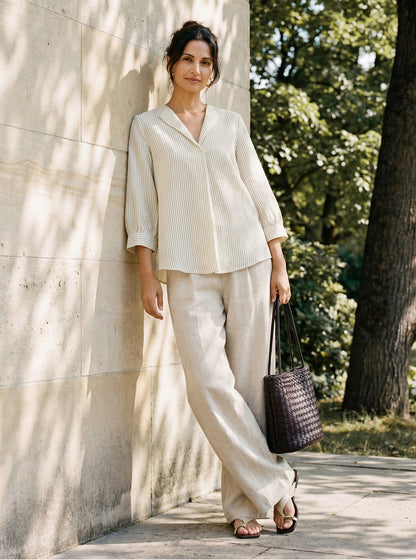 Linen-Lyocell Striped Lapel Inverted Pleat Pullover Top MARGOT