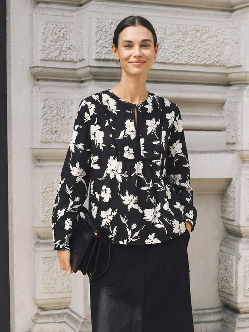 100% Linen Floral Printed Gathered Pullover Top AMIYA