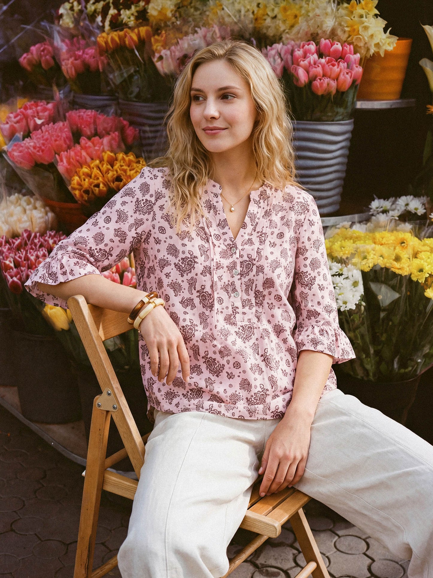 Linen Paisley Pintucked Ruffle-Cuff Curved Hem Blouse ILARIA