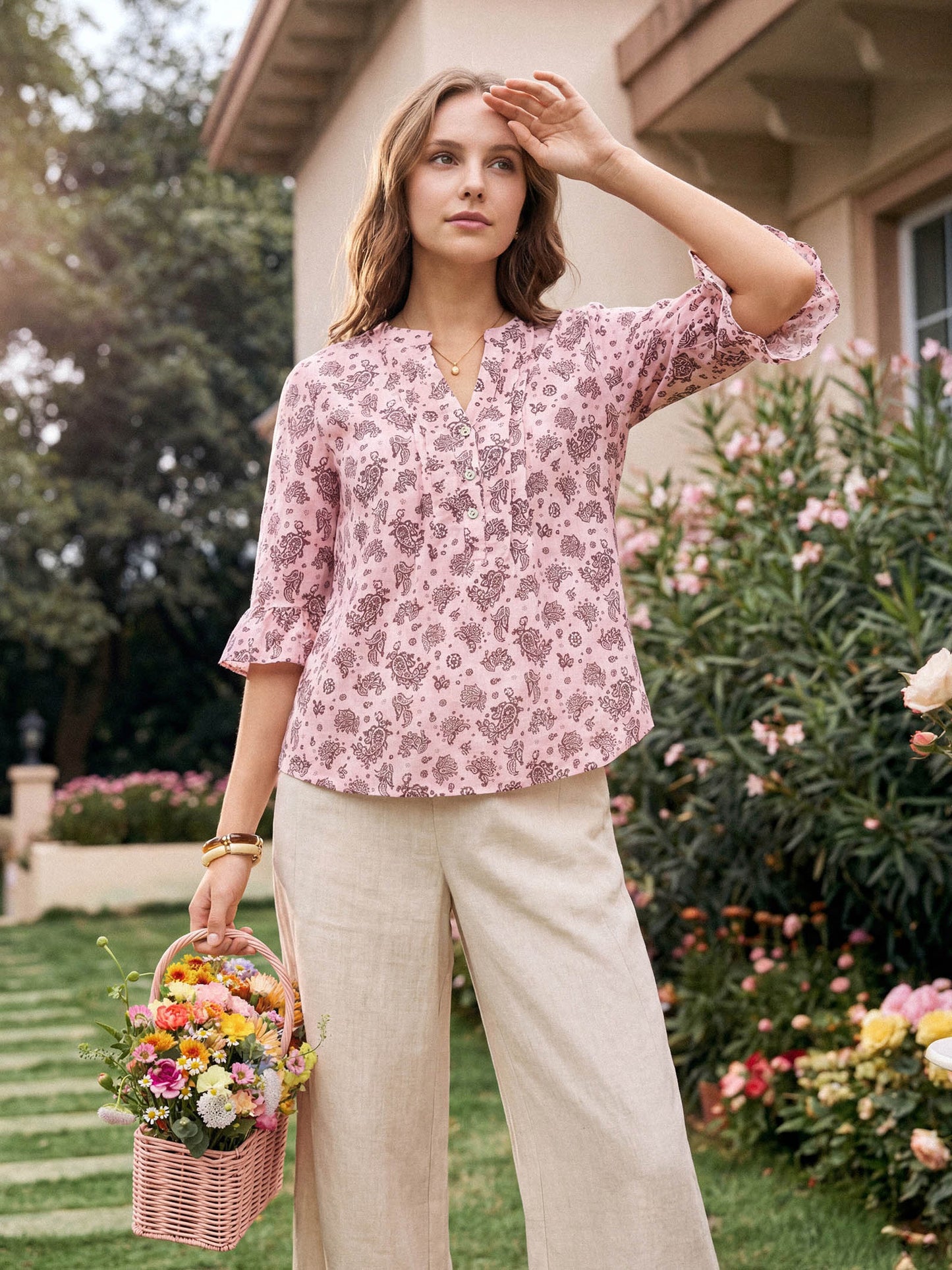Linen Paisley Pintucked Ruffle-Cuff Curved Hem Blouse ILARIA